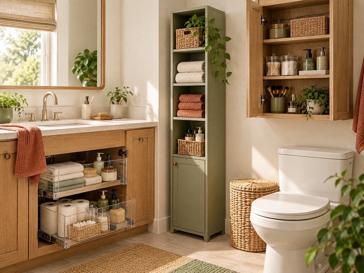 Several bathroom organizer families in one compact room