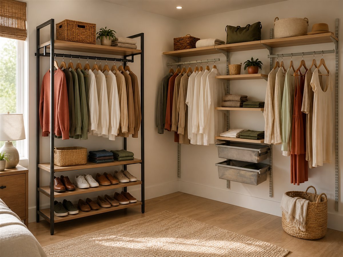Freestanding and wall-mounted closet systems arranged side by side