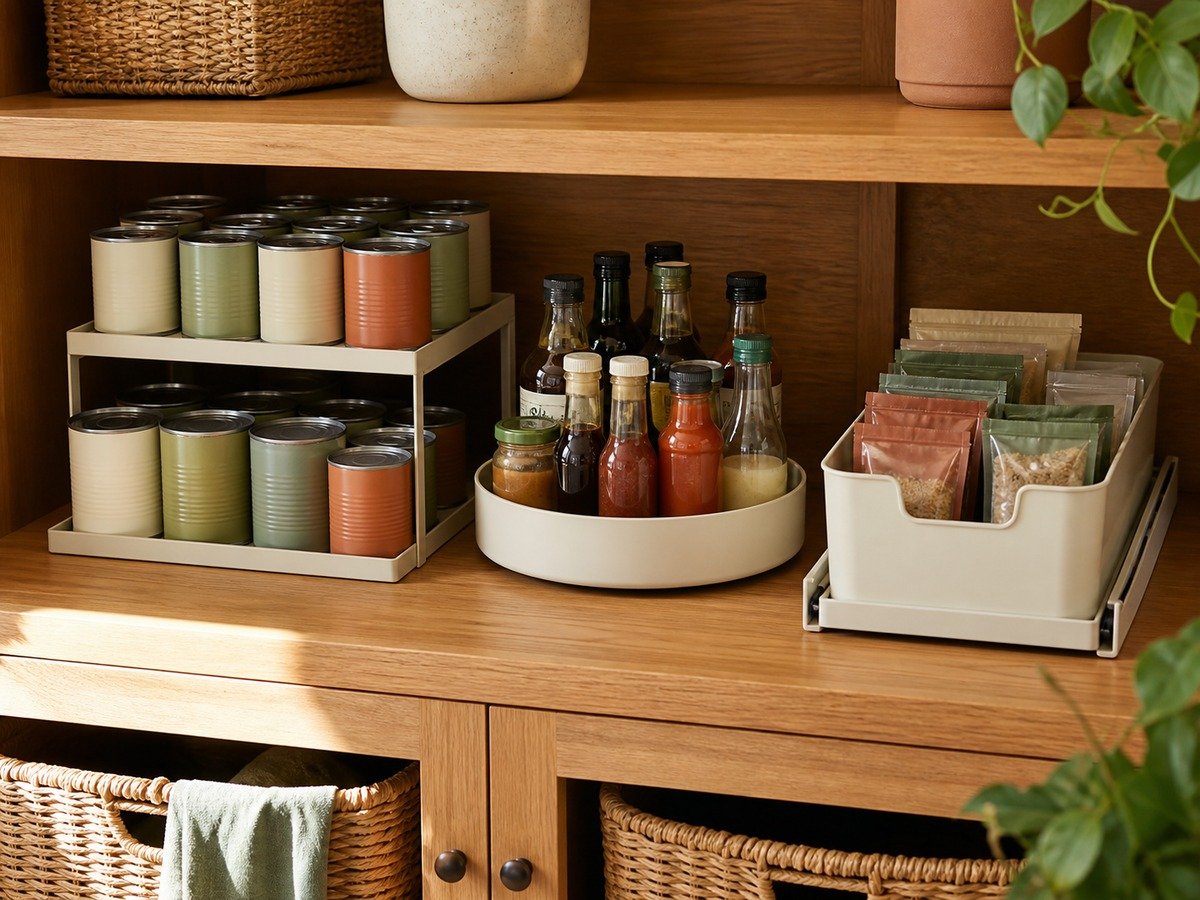 Pantry shelf riser, turntable, and pull-out bin compared together