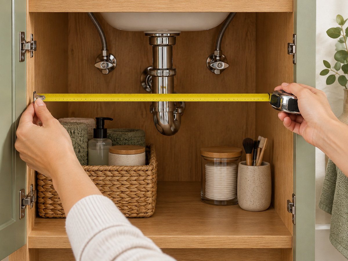 Hands measuring a bathroom vanity around plumbing