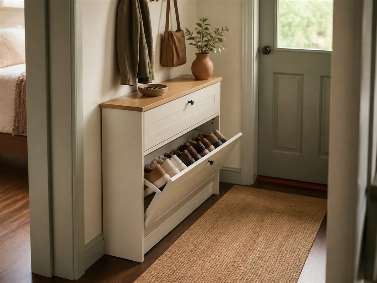 Close view of a narrow shoe cabinet using an overlooked gap in a compact entry