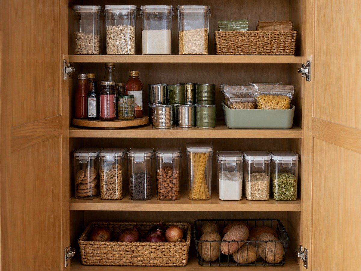 Compact cabinet pantry arranged into visible daily-use zones